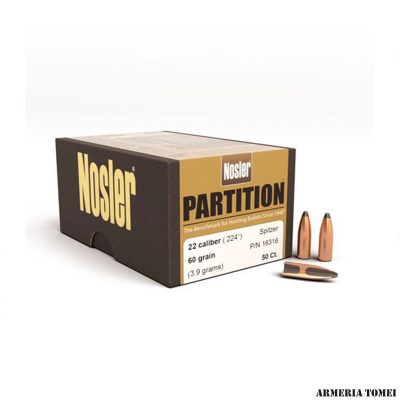 PALLE - NOSLER - PARTITION 22 CAL. .224" SPITZER 60GR CONF. 50 PZ.