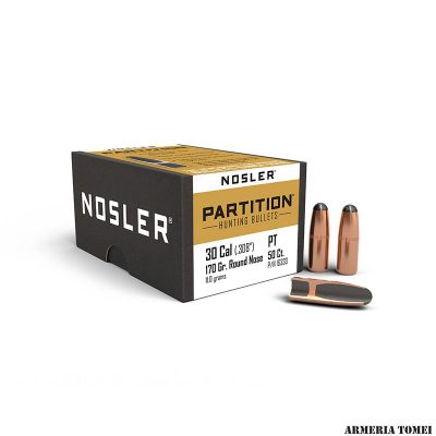 NOSLER - PALLE - PARTITION 30 caliber (.308") Round Nose 170grainn (11.0grams) CANN.460 (50pz)
