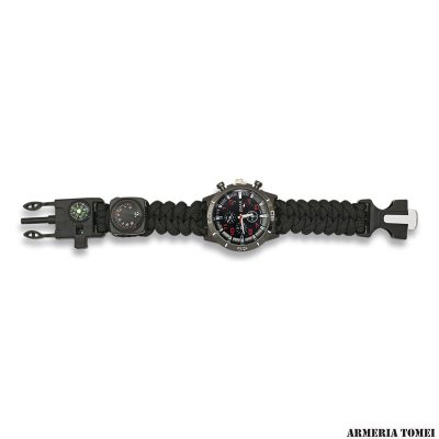 OROLOGIO PARACORD TATTICO SURVIVOR NERO CON BUSSOLA, ACCIARINO, FISCHIETTO E TERMOMETRO