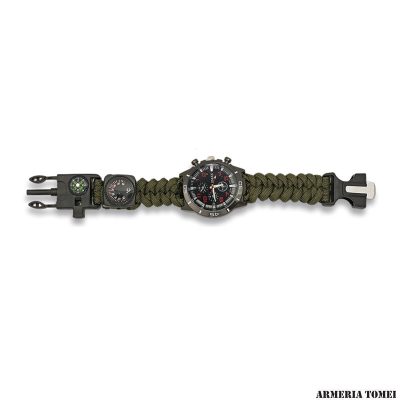 OROLOGIO PARACORD TATTICO SURVIVOR VERDE CON BUSSOLA, ACCIARINO, FISCHIETTO E TERMOMETRO