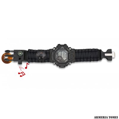 OROLOGIO DIGITALE CON CINTURINO PARACORD NERO (BUSSOLA, TERMOMETRO, ACCIARINO, FISCHIETTO)