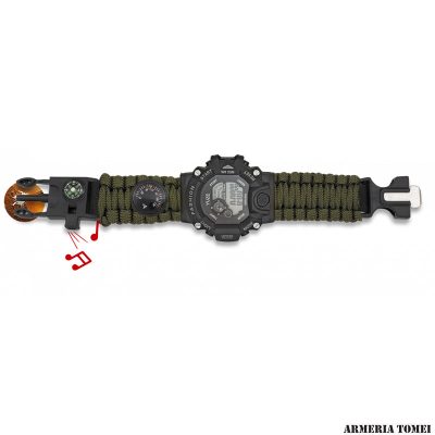 BARBARIC - OROLOGIO DIGITALE CON CINTURINO PARACORD VERDE (BUSSOLA, TERMOMETRO, ACCIARINO, FISCHIETTO)