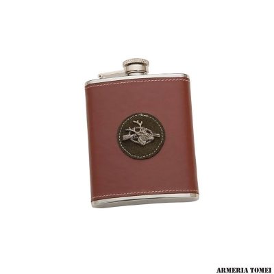 BORRACCIA(FIASCHETTA) - PELLE MARRONE CON LOGO CERVO+FUCILE
