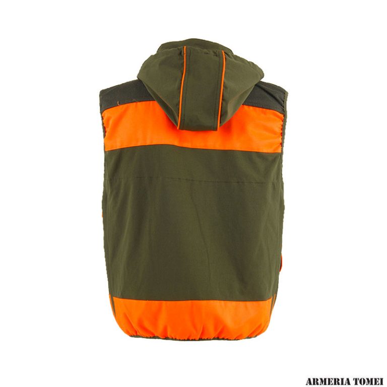 Gilet Tecnico Verde Con Inserti Arancione Fluo, Tasche Multiple E Carniere - Per Caccia E Outdoor