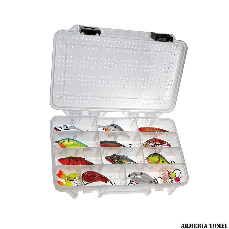 STR Scatola Porta Artificiali Per Pesca - 14 Scomparti, 18.5x27.5x5 Cm, Doppia Apertura, Trasparente, Per Minnows E Esche