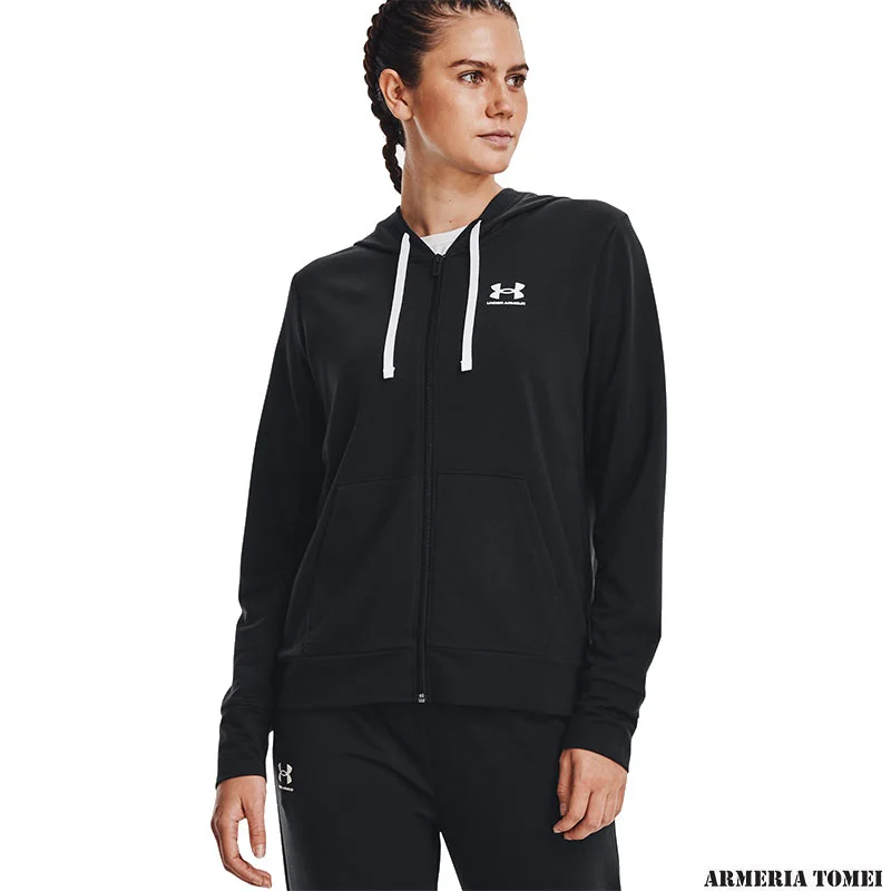 UNDER ARMOUR - DONNA - RIVEL TERRY FZ HOODIE Black / White - 001 - immagine 3