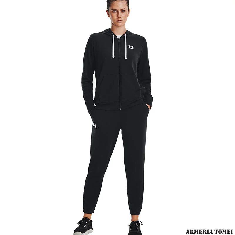 UNDER ARMOUR - DONNA - RIVEL TERRY FZ HOODIE Black / White - 001 - immagine 5