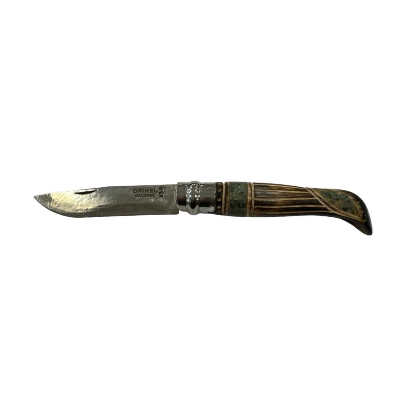 COLTELLO - OPINEL -  N.8 CARBONE INTARSATO A MANO CON MARMO VERDE