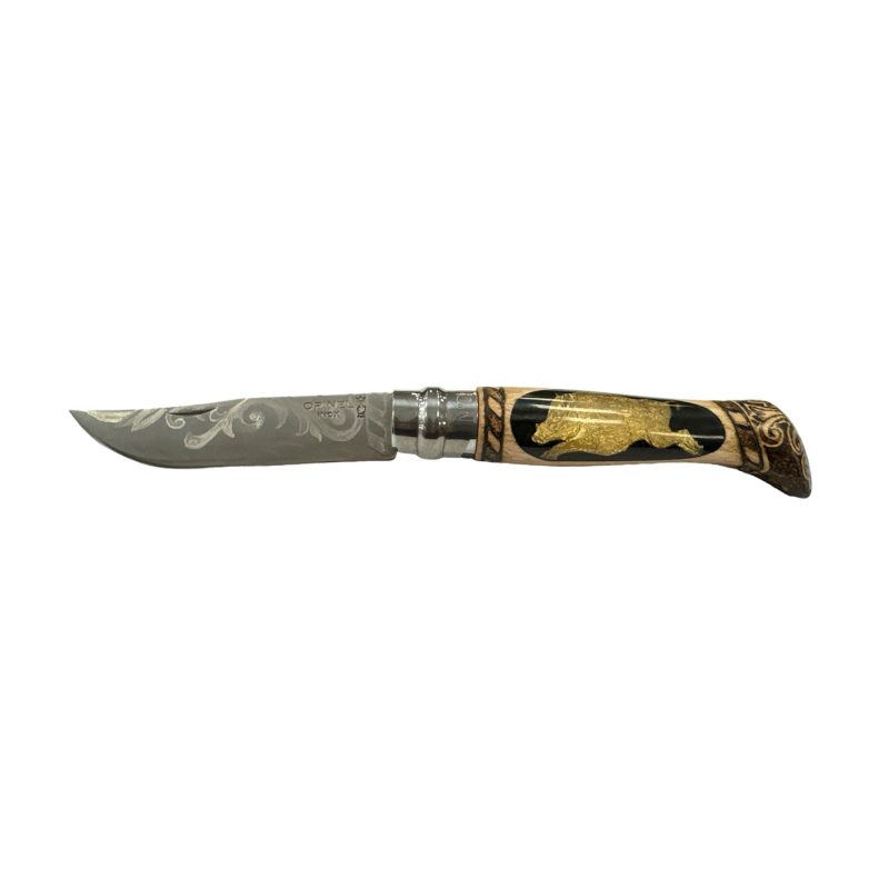 COLTELLO - OPINEL -  N.9 INOX OTTONE/RESINA/PIROGRAFIA REALIZZATO A MANO