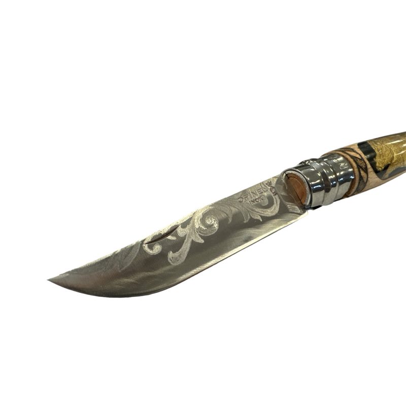 COLTELLO - OPINEL -  N.9 INOX OTTONE/RESINA/PIROGRAFIA REALIZZATO A MANO - immagine 2