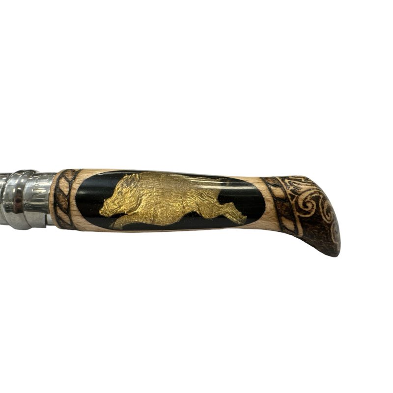 COLTELLO - OPINEL -  N.9 INOX OTTONE/RESINA/PIROGRAFIA REALIZZATO A MANO - immagine 3