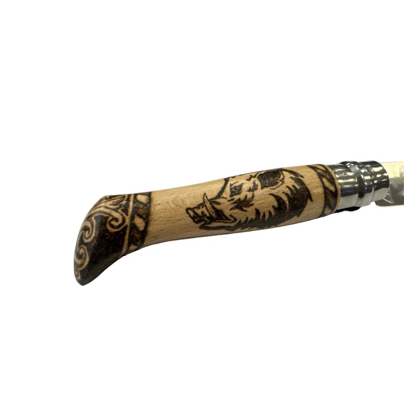 COLTELLO - OPINEL -  N.9 INOX OTTONE/RESINA/PIROGRAFIA REALIZZATO A MANO - immagine 4