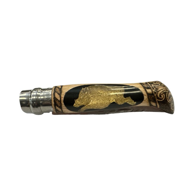 COLTELLO - OPINEL -  N.9 INOX OTTONE/RESINA/PIROGRAFIA REALIZZATO A MANO - immagine 5