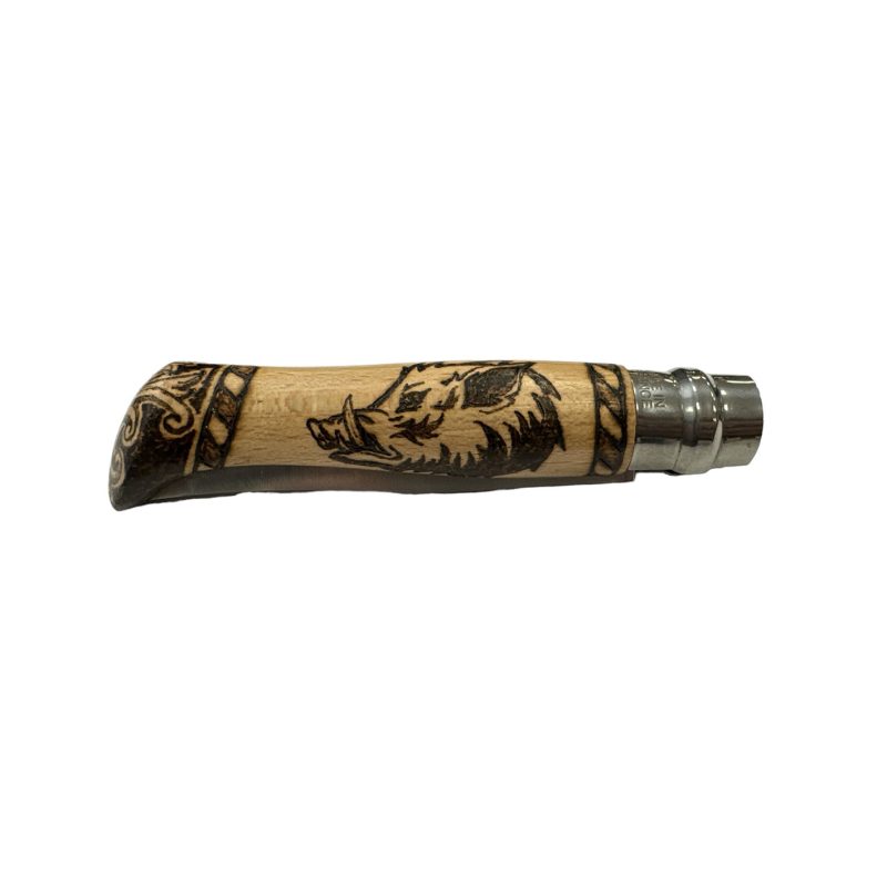 COLTELLO - OPINEL -  N.9 INOX OTTONE/RESINA/PIROGRAFIA REALIZZATO A MANO - immagine 6