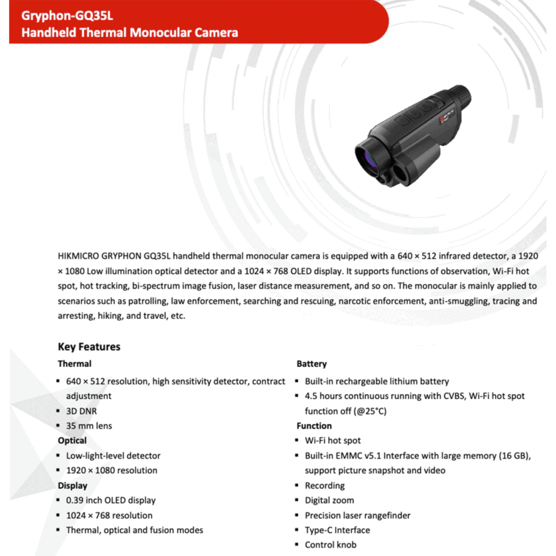 MONOCOLO - HIKMICRO - GRYPHON LRF GH35L THERMAL FUSION 16G 1024X768 Oled Lens 35mm Telemetro - immagine 8
