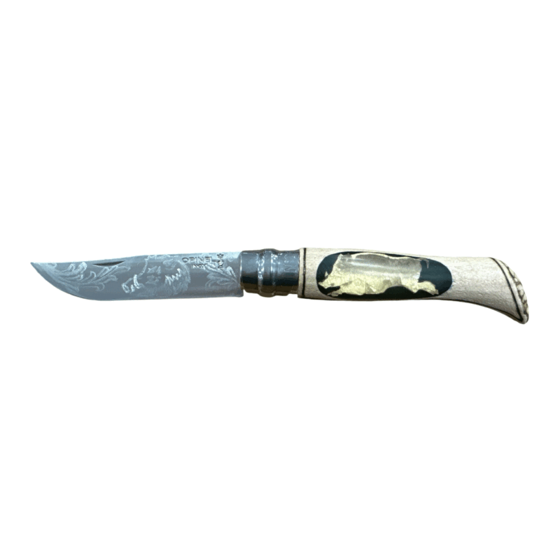 COLTELLO - OPINEL -  N.9 INOX REALIZZATO A MANO (CINGHIALE + 2 GHIANDE)