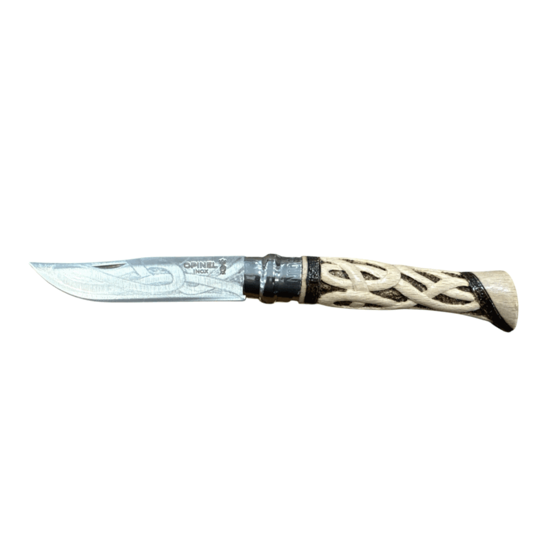 COLTELLO - OPINEL -  N.9 INOX INTRECCIO + PIROGRAFIA REALIZZATO A MANO