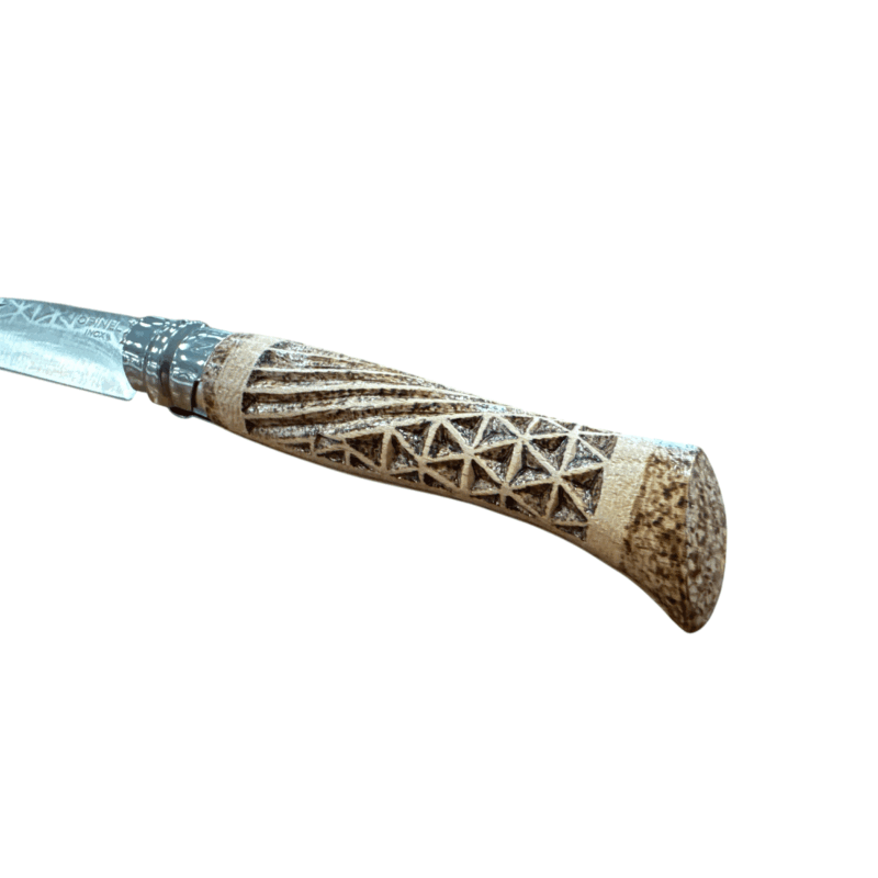 COLTELLO - OPINEL -  N.9 INOX REALIZZATO A MANO CON INTAGLIO DOPPIO INTRECCIO + PIROGRAFIA - immagine 3