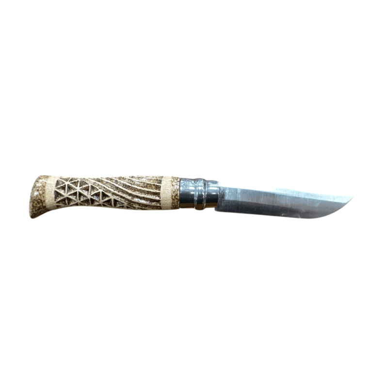 COLTELLO - OPINEL -  N.9 INOX REALIZZATO A MANO CON INTAGLIO DOPPIO INTRECCIO + PIROGRAFIA - immagine 4
