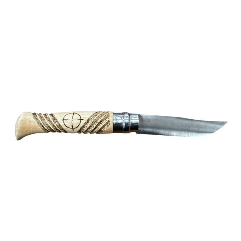 COLTELLO - OPINEL -  N.9 CARBONE REALIZZATO A MANO CON CINGHIALE + MIRINO + INTAGLIO - immagine 2