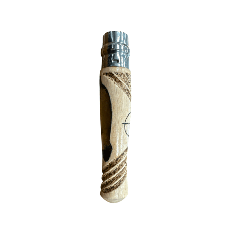 COLTELLO - OPINEL -  N.9 CARBONE REALIZZATO A MANO CON CINGHIALE + MIRINO + INTAGLIO - immagine 3