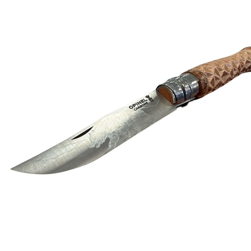 COLTELLO - OPINEL -  N.9 CARBONE REALIZZATO A MANO | INTAGLIO A TRIANGOLI | LAMA ORSO - immagine 3