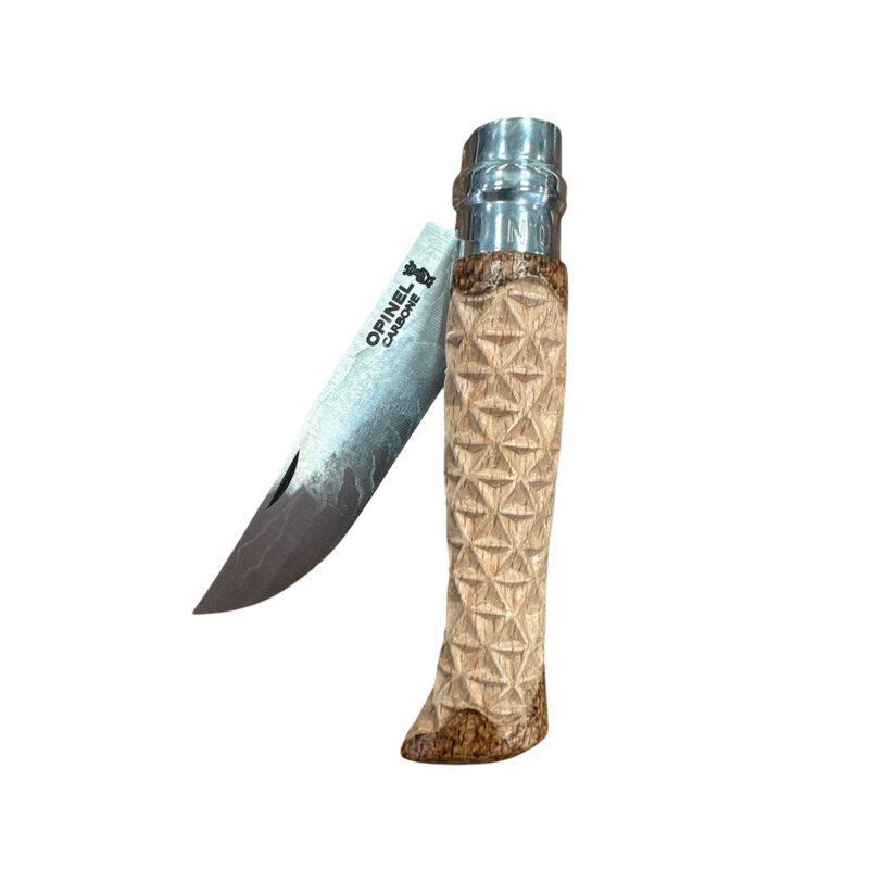 COLTELLO - OPINEL -  N.9 CARBONE REALIZZATO A MANO | INTAGLIO A TRIANGOLI | LAMA ORSO - immagine 4