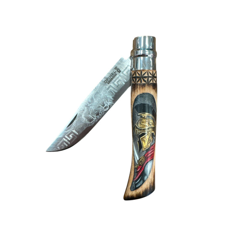 COLTELLO - OPINEL -  N.12 CARBONE REALIZZATO A MANO CON SPARTANO E LEONE - immagine 2