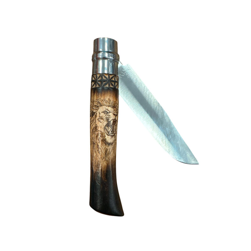 COLTELLO - OPINEL -  N.12 CARBONE REALIZZATO A MANO CON SPARTANO E LEONE - immagine 4