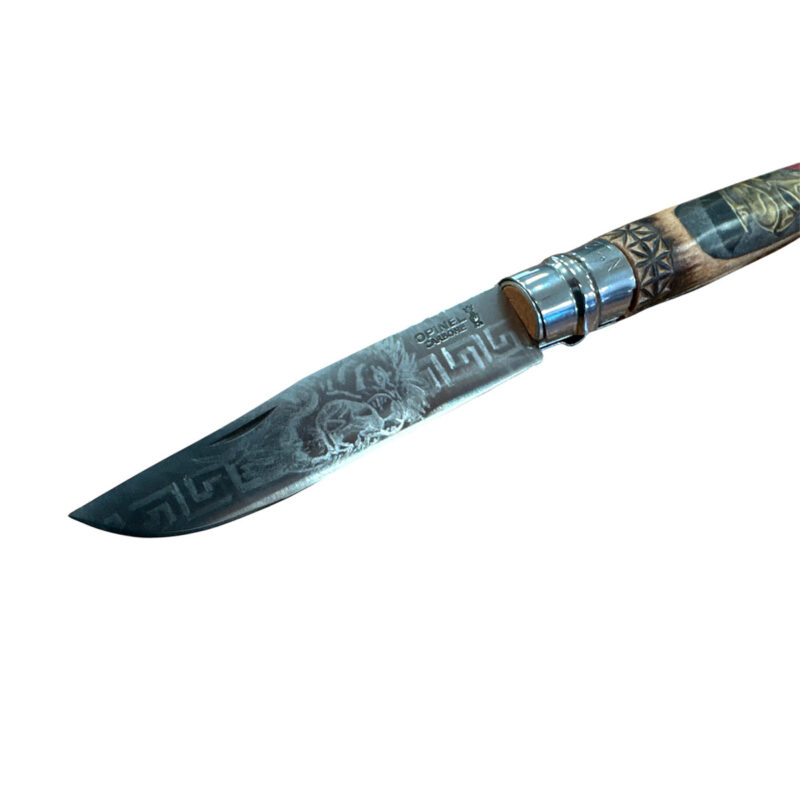 COLTELLO - OPINEL -  N.12 CARBONE REALIZZATO A MANO CON SPARTANO E LEONE - immagine 5