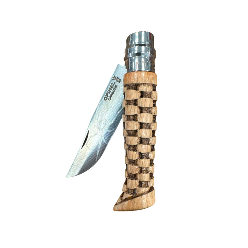 COLTELLO - OPINEL -  N.9 CARBONE REALIZZATO A MANO | INTAGLIO A MAGLIA | LAMA VEDOVA NERA - immagine 4