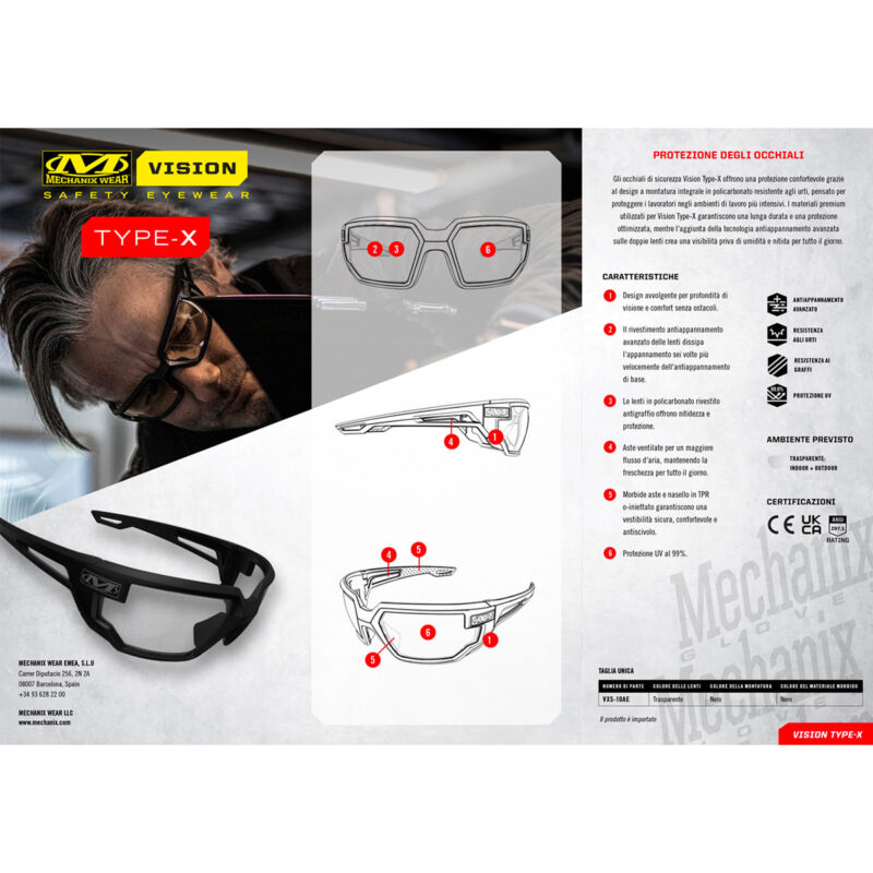 MECHANIX WEAR - VISION OCCHIALI SAFETY TYPE-X MONTATURA NERA LENTE TRASPARENTE - immagine 6