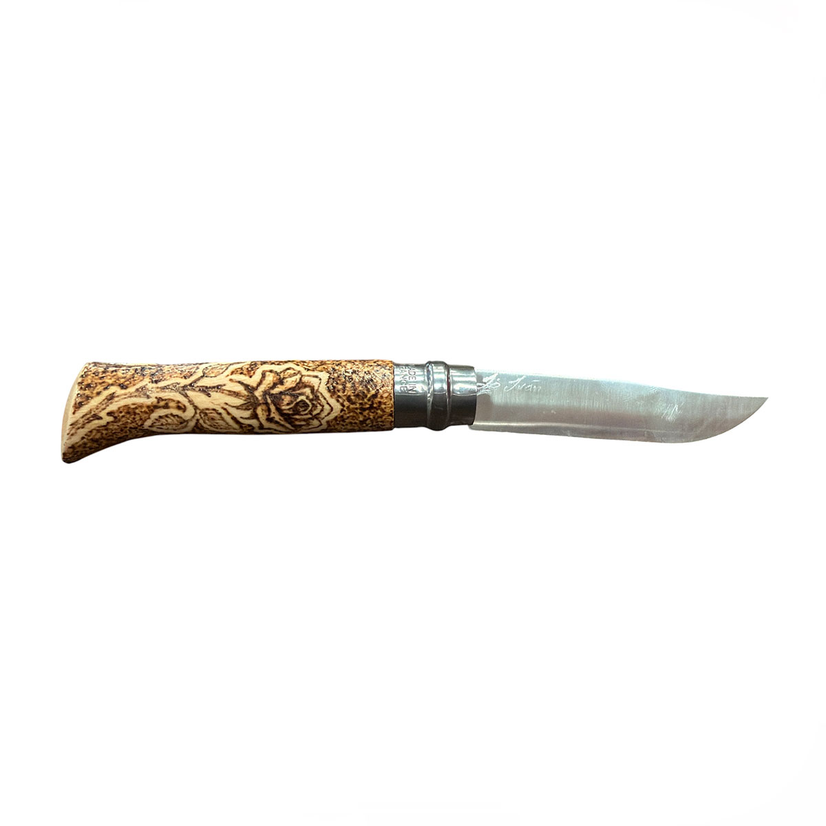 COLTELLO - OPINEL - N.8 INOX REALIZZATO A MANO CON INTAGLIO ROSA - immagine 2