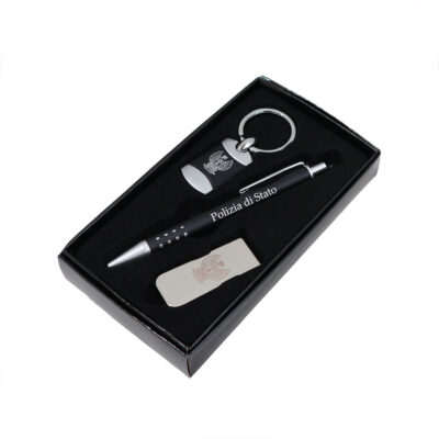 SET PENNA, PORTACHIAVI, FERMASOLDI CON SCRITTA POLIZIA DI STATO INCISA