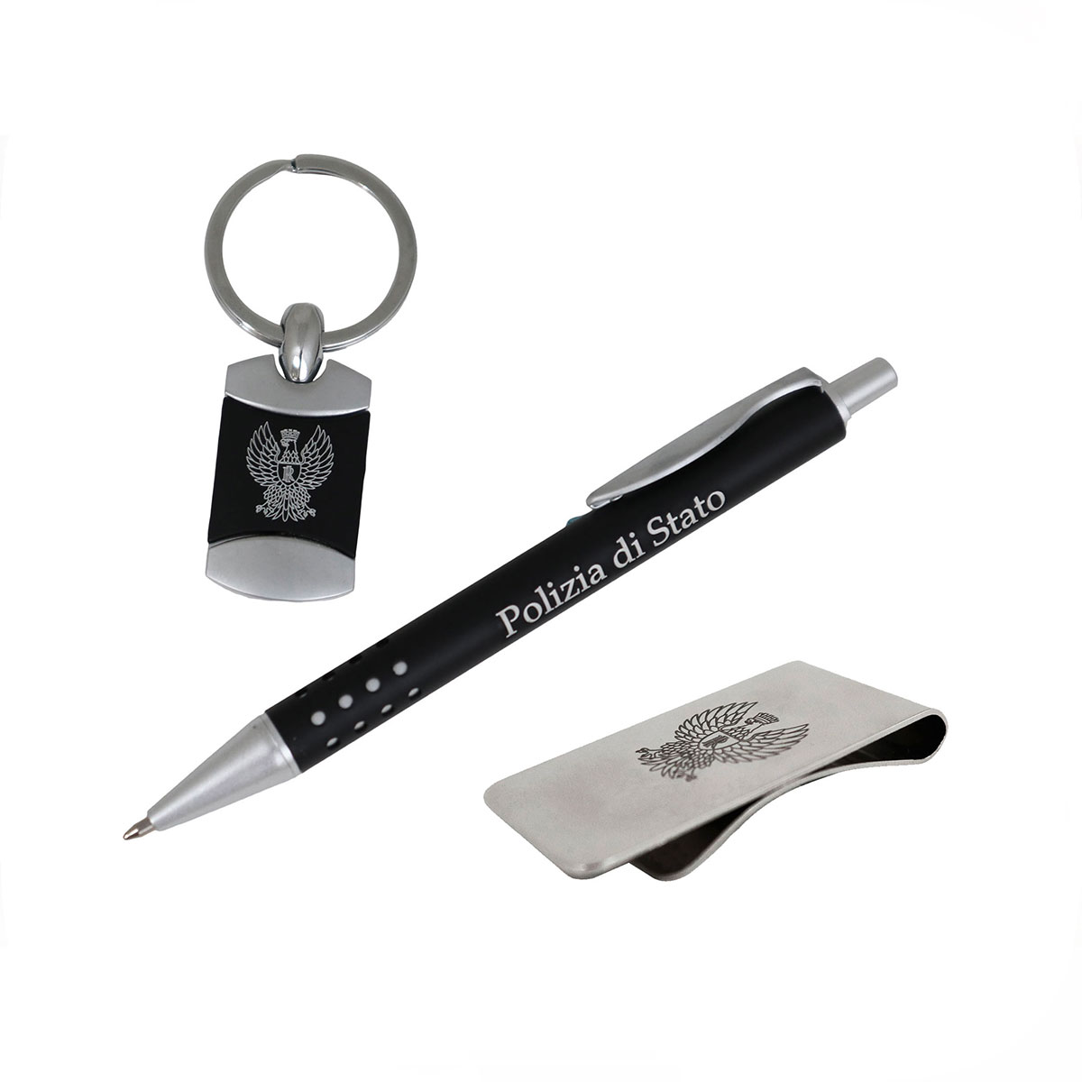 SET PENNA, PORTACHIAVI, FERMASOLDI CON SCRITTA POLIZIA DI STATO INCISA - immagine 2