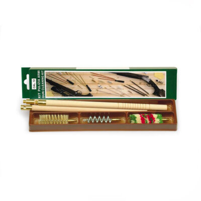 KIT PULIZIA FUCILE IN SCAT. DI CART. LUC. C/BACCHET. LEGNO VERNIC. A 3 PEZZI, DIAM. 13 MM, SCOVOLI LANA, SETOLA E ACCIAIO A ELICA