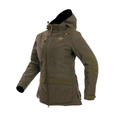 Olive-brown outdoor jacket with hood, front zipper, orange zipper pulls, and multiple pockets suitable for hiking.