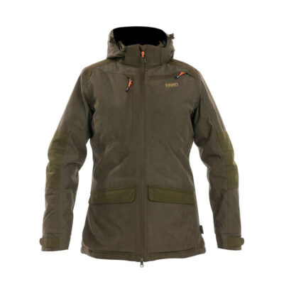Olive-brown outdoor jacket with hood, front zipper, chest pocket, and two lower pockets; adjustable cuffs and durable material