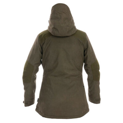 Back view of a hooded olive-green outdoor jacket with reinforced elbow patches.