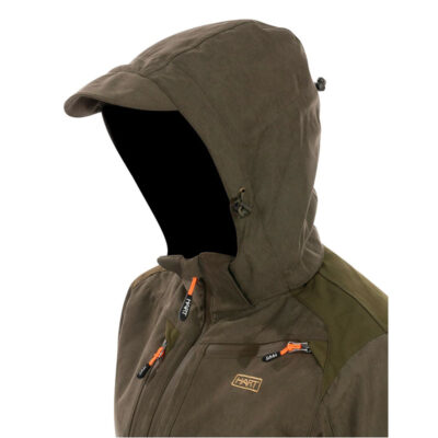 Olive green hooded outdoor jacket with orange zipper pulls and a small Hart logo on the chest.
