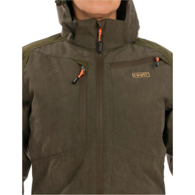 Brown outdoor jacket with hood, two chest zip pockets with orange pulls, and a small Hart logo on the chest.